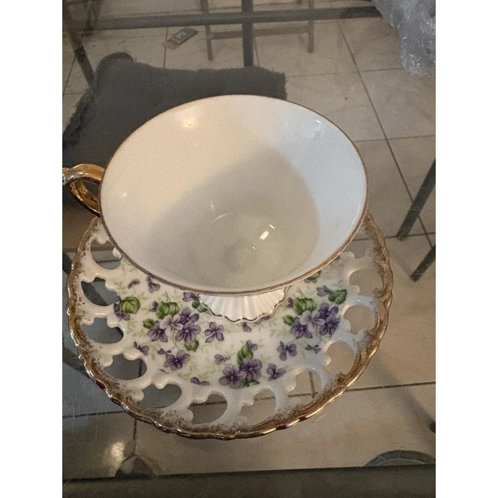 Vintage Lefton China Happy Anniversary Teacup Saucer Set Violets 2425 Japan